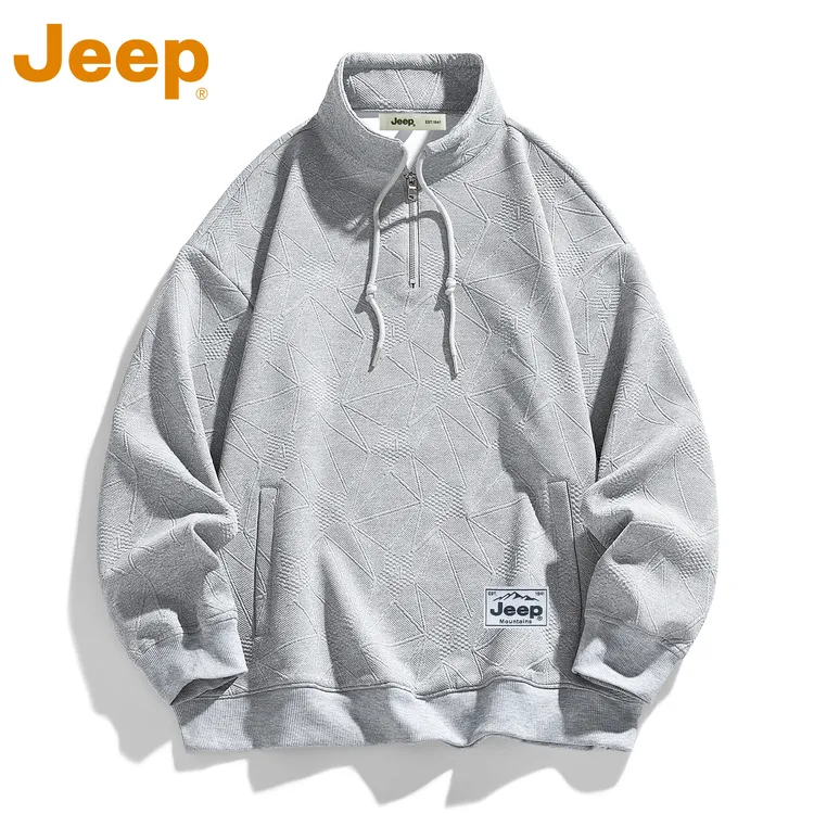 JEEP吉普提花半拉链立领卫衣男士春秋季美式潮牌宽松休闲上衣外套