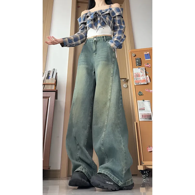 潮牌设计感宽松水洗阔腿男女显瘦高腰牛仔裤直筒复古垂感高街长裤