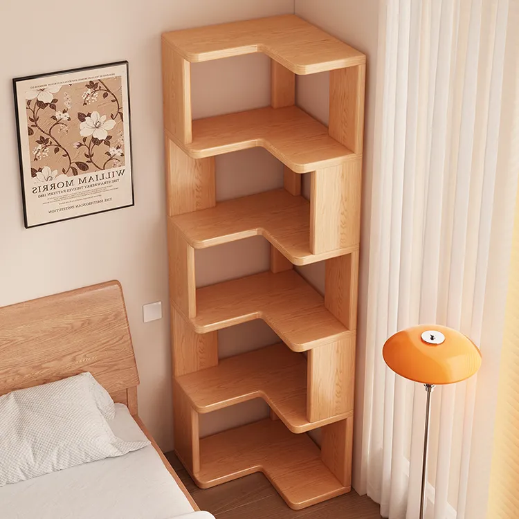 实木转角书架落地置物架家用客厅角架一体靠墙收纳架简易拐角书柜