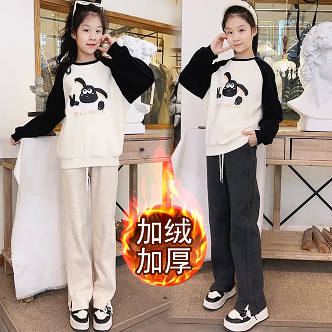 中大童女童加绒卫衣套装秋冬新款韩版学生毛呢休闲开叉阔腿裤套装
