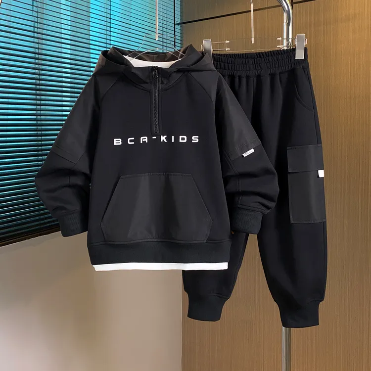 洋气男孩春秋字母纯色常规款秋季套装套头休闲风韩版朋克风连帽