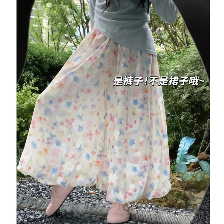 2025新款蓬蓬彩色花苞裙裤夏季薄款高腰a字中长碎花长款半身裙裤
