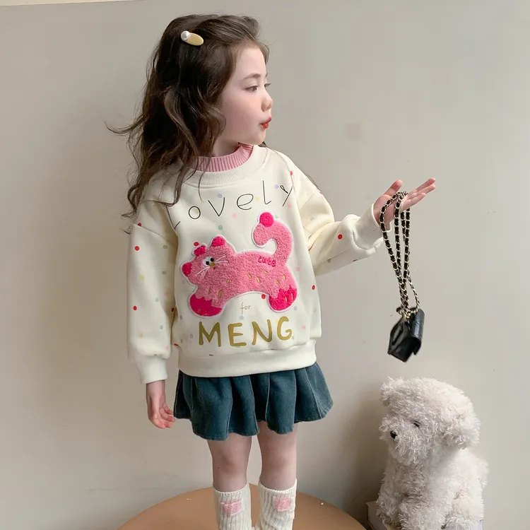 女小童加绒卫衣秋冬季2025新款儿童卡通猫咪绒衫洋气宝宝加厚上衣