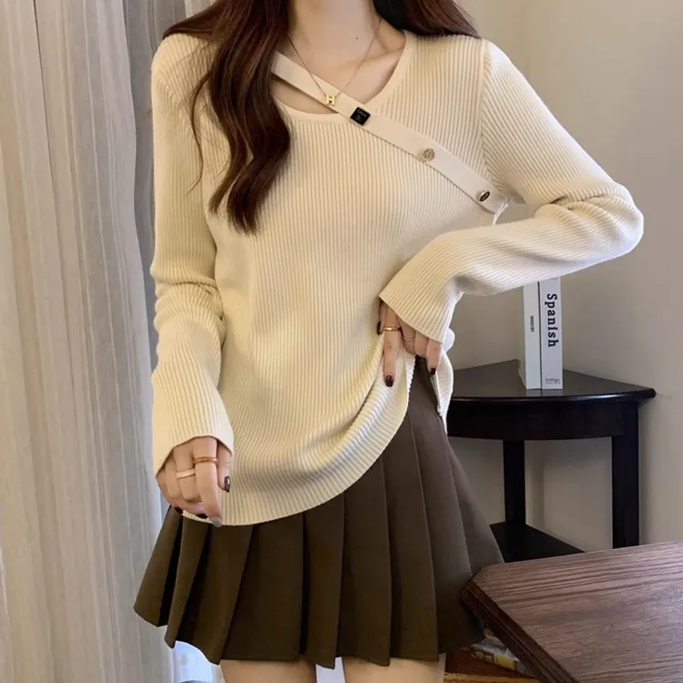 大码遮肚子显瘦针织打底衫女秋冬胖mm设计感小众内搭毛衣别致上衣