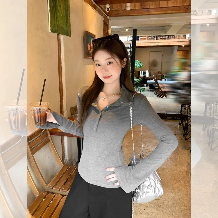 时尚气质韩系简约金属扣翻领长袖T恤女2025秋季新款修身显瘦上衣