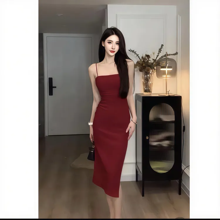 赫本风红色吊带连衣裙收腰气质女装夏款法式高级感性感显瘦长款裙