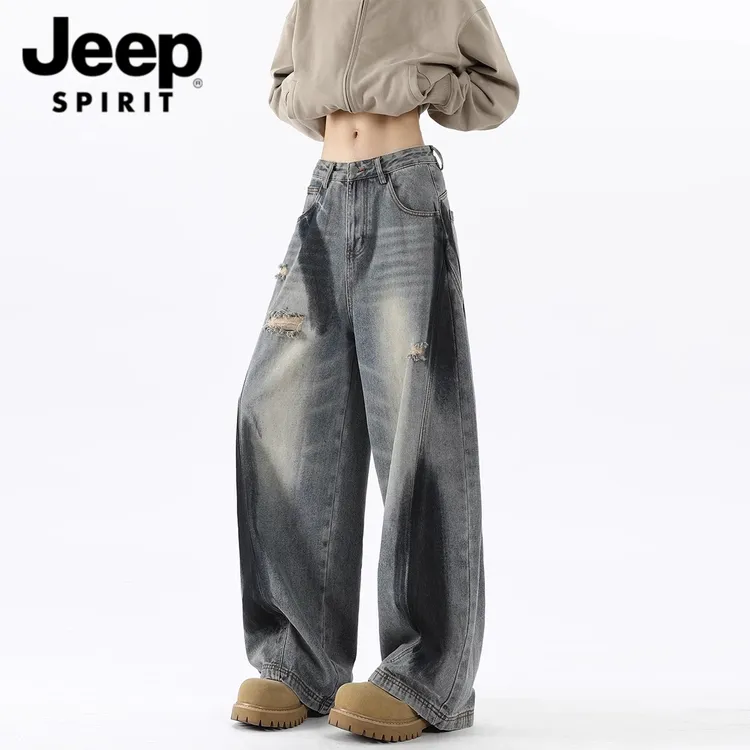 JEEPSPIRIT美式阔腿牛仔裤男夏季潮牌宽松水洗破洞休闲高街直筒裤