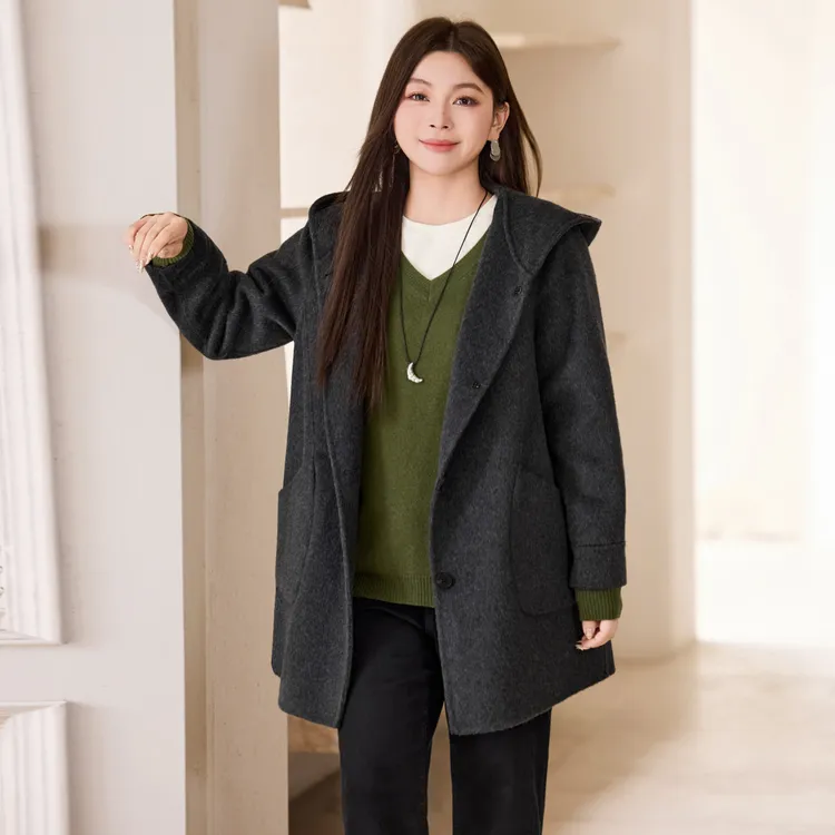 【100%绵羊毛】MsShe大码女装2025冬连帽双面呢毛呢外套M2510045
