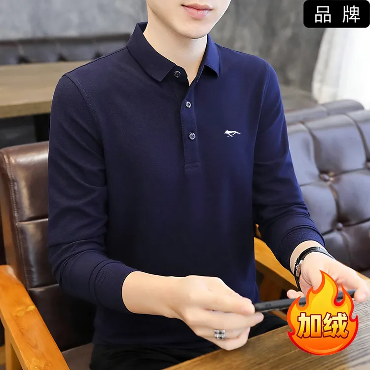 国货品牌男加绒长袖秋季Polo衫宽松polo衫韩版男士上衣休闲翻领