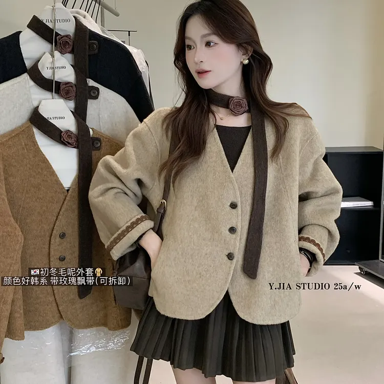 Y.JIA 伊嘉-领羊毛短外套羊毛外套(配飘带)（含70.6绵羊毛）99006