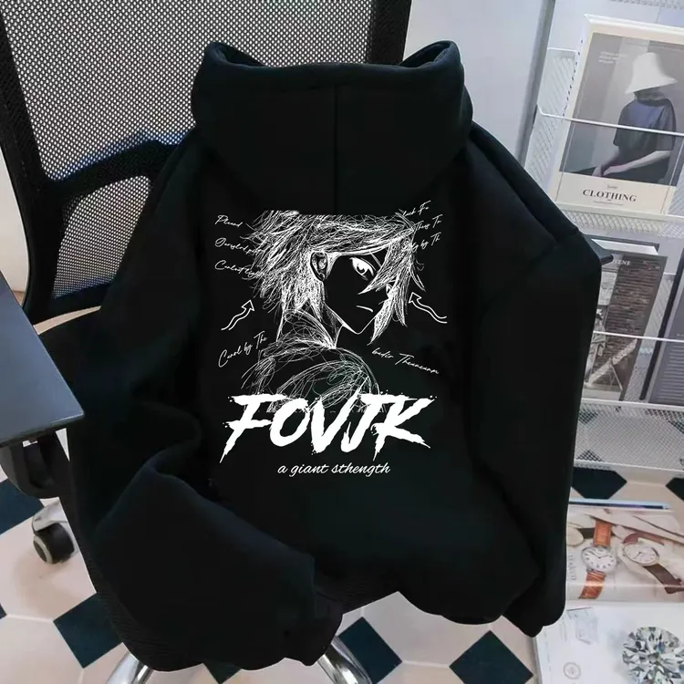 重磅美式卡通侧脸男孩印花秋冬新款加绒加厚潮牌情侣连帽卫衣is