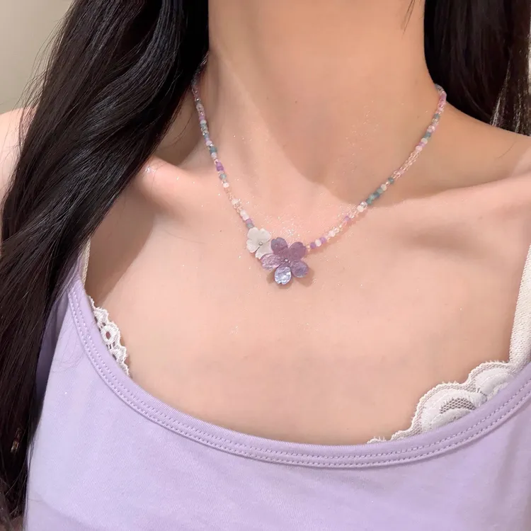 铜合金项链 彩色小花串珠项链女2025新款森系小清新精致锁骨链子 