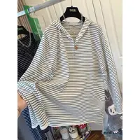 胖mm大码女装2-300斤慵懒风条纹连帽长袖T恤春秋新款宽松休闲上衣