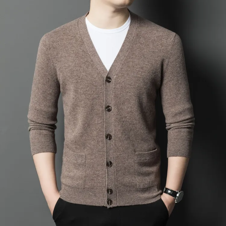 奥特莱斯撤柜 正品100%羊毛衫男士秋冬保暖全羊毛V领扣子开衫加厚