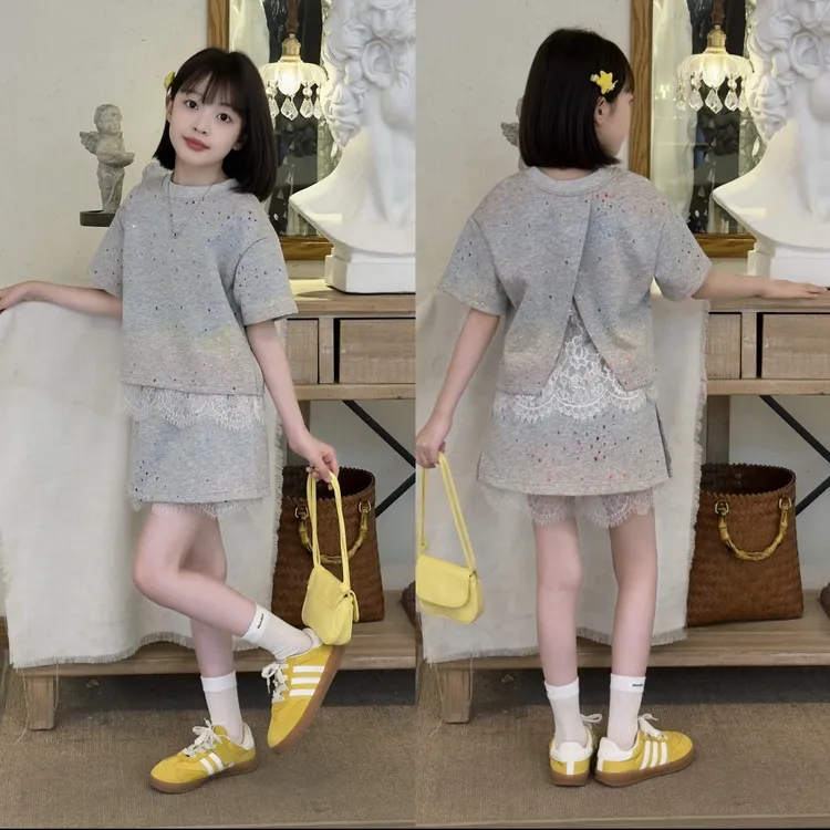 蕾丝拼接短袖上衣百搭裤裙两件套开叉两面穿2025女童短裙短裤套装
