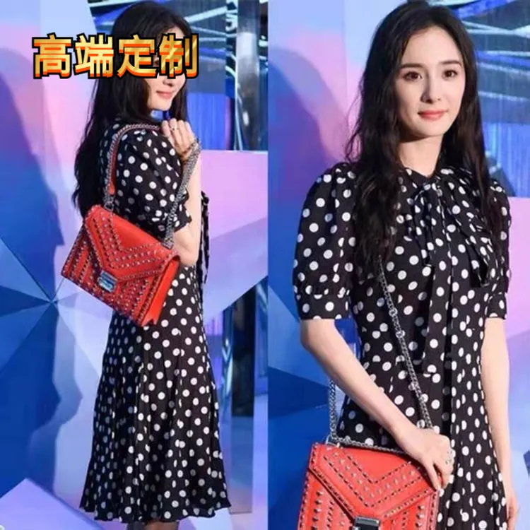 高版本复古波点连衣裙优雅气质杨幂同款雪纺黑色裙子%法式茶歇裙