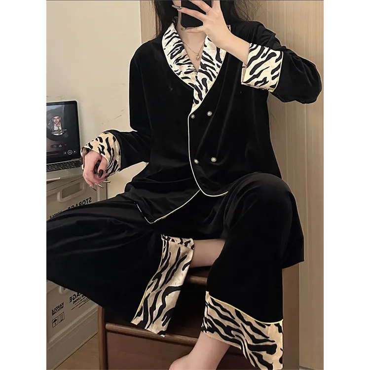 名媛轻奢风豹纹金丝绒睡衣女秋冬新款高级感加厚家居服套装可外穿