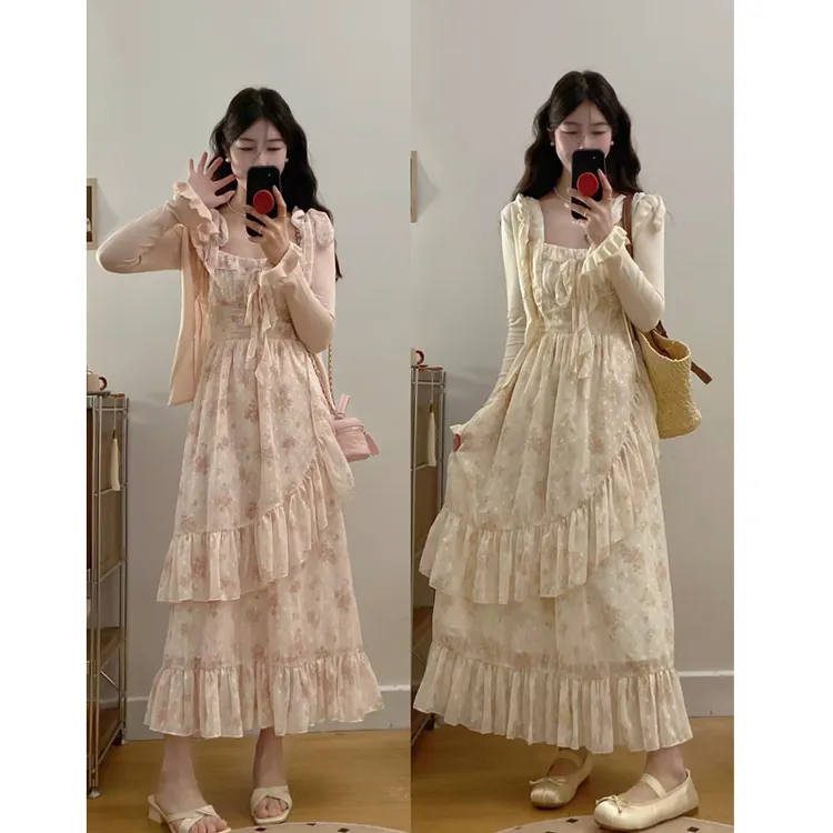 大码女装2025春夏新款碎花吊带连衣裙收腰显瘦长裙子开衫甜美穿搭