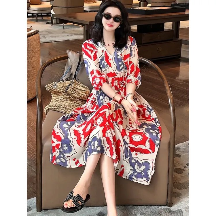 1358 轻奢大牌法式气质连衣裙2025夏季新款宽松显瘦洋气减龄长裙