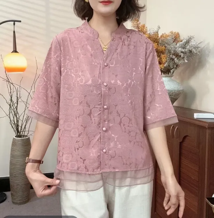 2025夏季短袖玫瑰开衫衬衣中老年妈妈装中袖边中式单排扣衬衫时尚
