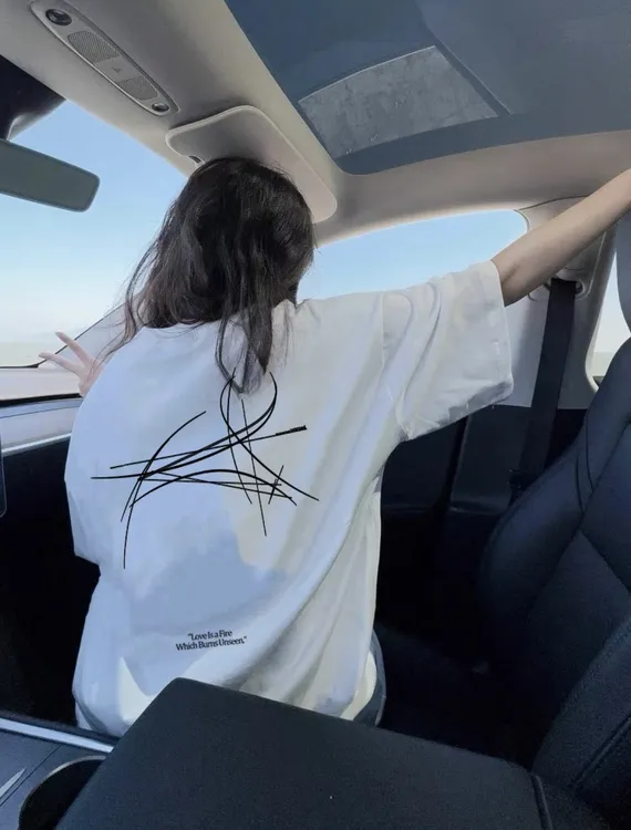 白色短袖t恤男女同款新款重叠线条字母印花纯棉小众设计感上衣女