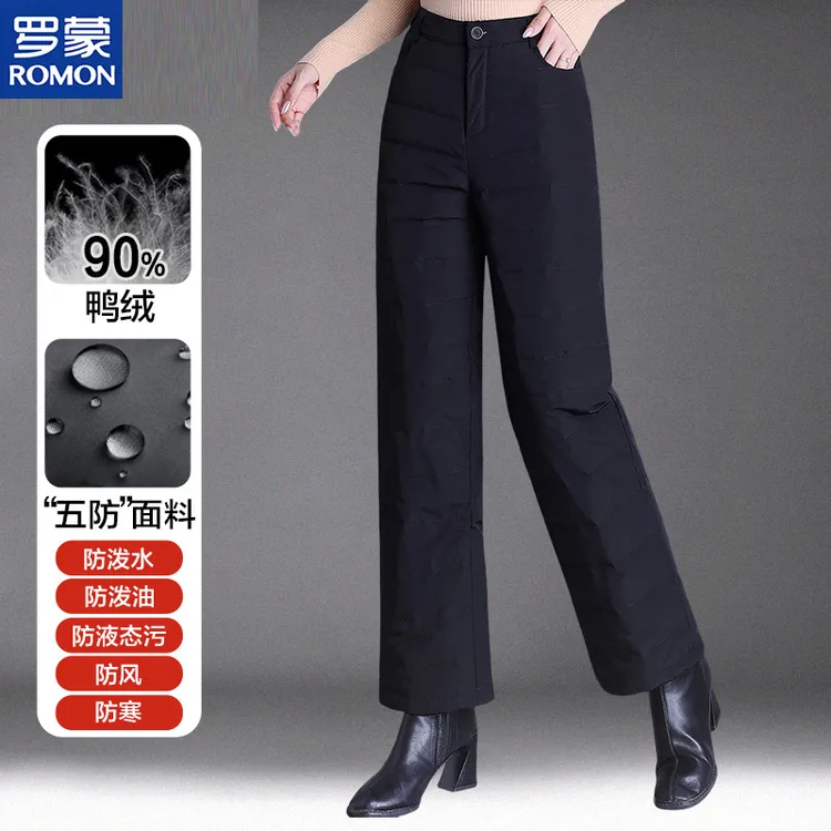 罗蒙羽绒裤女外穿高腰妈妈直筒加厚大码冬季中老年阔腿保暖裤子