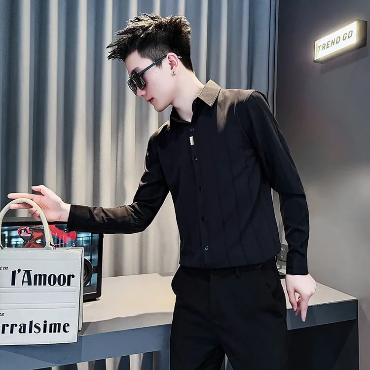 长袖衬衫男款春秋季潮牌设计感条纹拼接衬衣2025新款痞帅男装寸衫