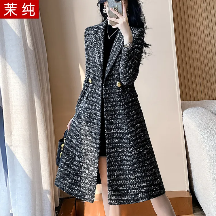 西装外套女黑色条纹中长款加厚保暖大衣气质女神范高端秋冬工作服