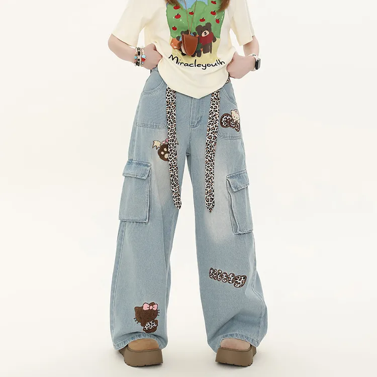 特大码美式复古卡通印花工装牛仔裤女夏季新款宽松显瘦阔腿长裤子