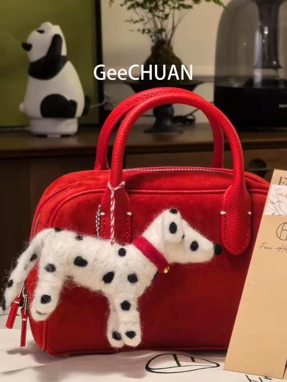 GeeCHUAN 红色麂皮绒波士顿婚包小众设计高级感百搭单肩包斜跨包