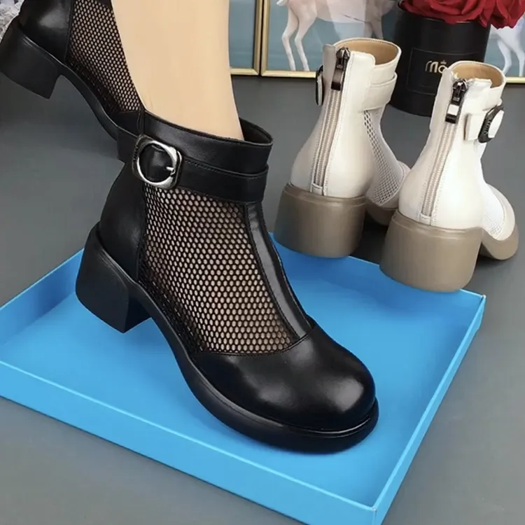 J2651春夏季镂空网纱粗跟真皮英伦风时尚短靴