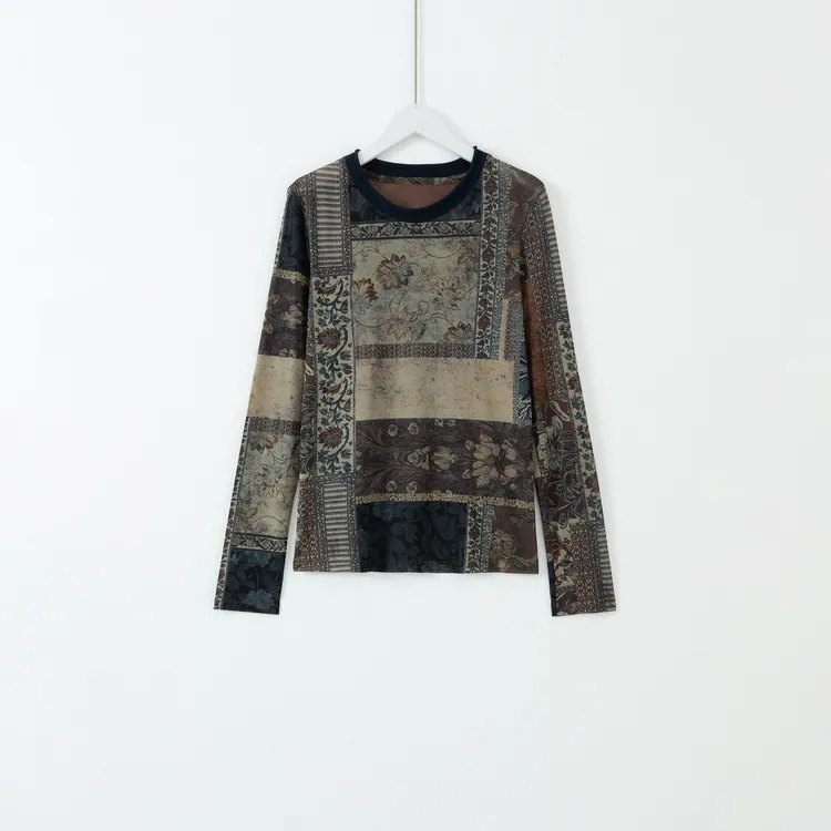 几里与麻 气质复古印花长袖T恤 衣长59胸围85 2083181