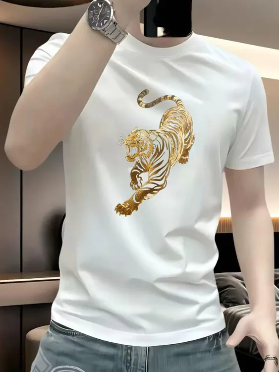 夏季新款个性老虎印花短袖T恤男士圆领痞帅痞帅高品质上衣体恤潮