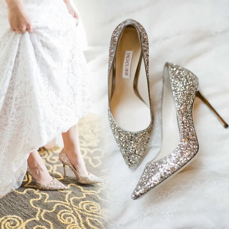 雅绸婚礼婚纱鞋2025年结婚新娘鞋秀禾水钻银金香槟色高跟鞋亮晶晶