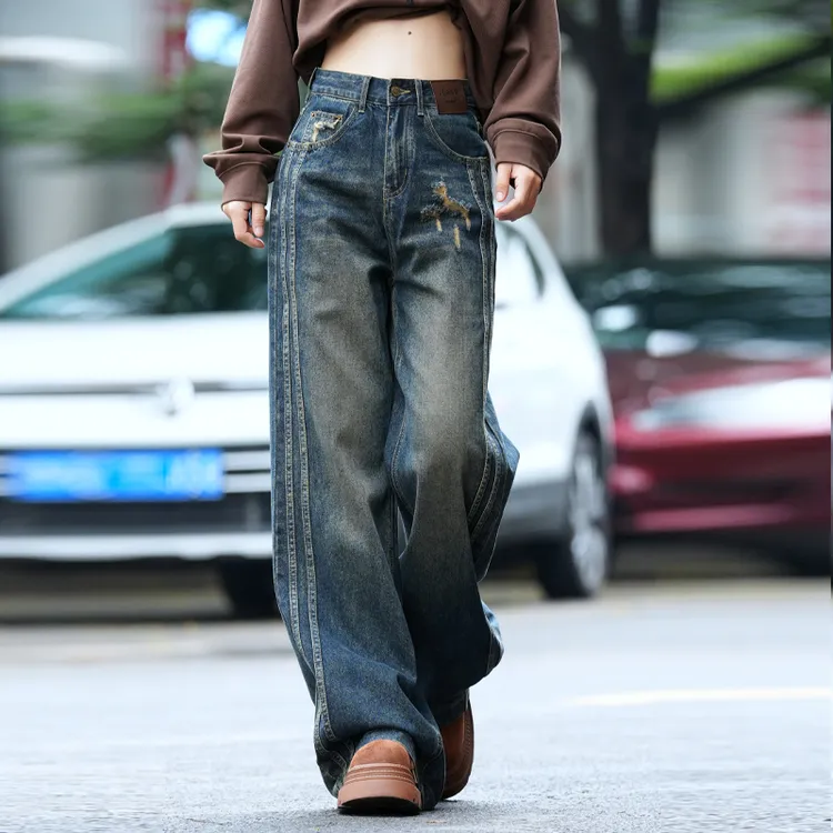 怀旧蓝牛仔裤女款爆款2025新款秋季时尚高腰炸街百搭直筒阔腿裤女