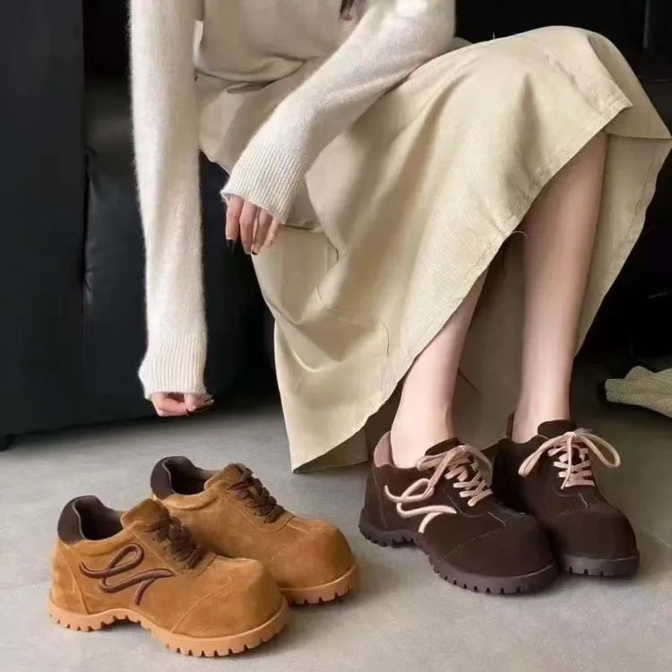 2025新款真皮复古德训鞋女厚底大鞋头系带休闲运动阿甘鞋女单鞋