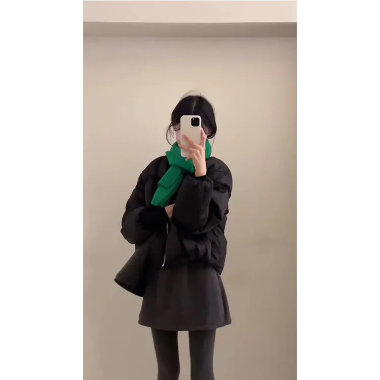 韩系复古短款黑色羽绒棉服女冬季超好看加厚保暖面包服外套套装