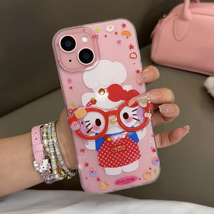 粉星闪粉眼镜KT猫适用iPhone16promax手机壳苹果13/15少女14软12