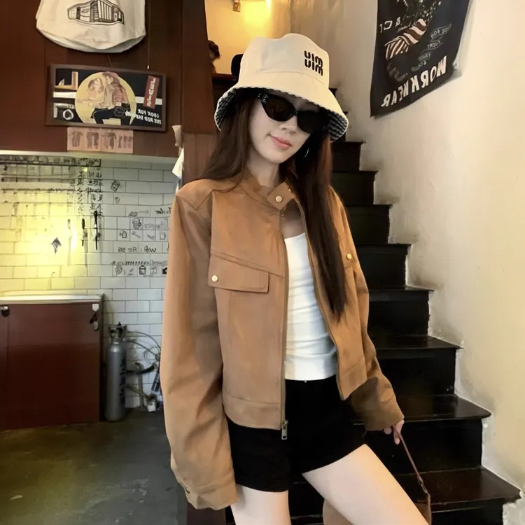 美拉德立领夹克外套女2025早秋季新款复古气质宽松长袖机车服外套