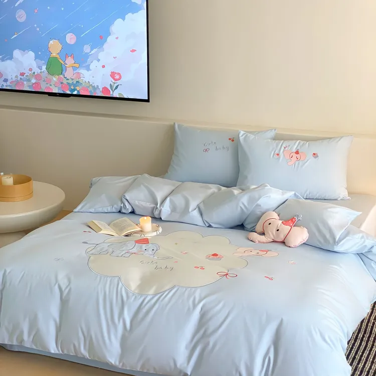 卡通风全棉加密水洗棉四件套可爱小熊刺绣被套床品三件套小清新