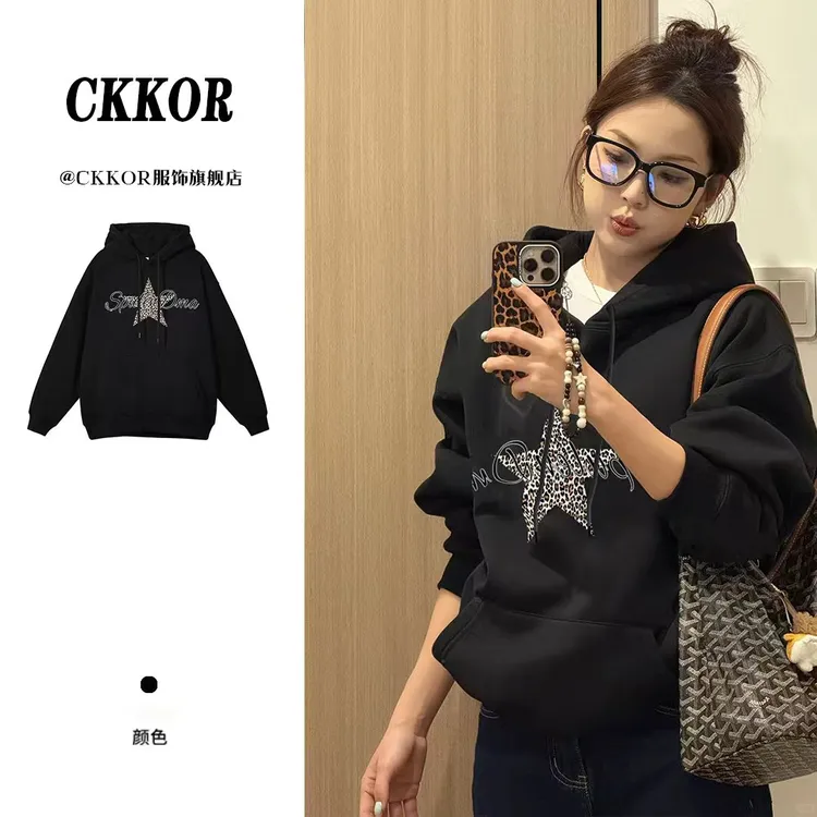 CKKOR美式复古学院风设计感印花连帽卫衣女早秋新款时尚潮流上衣 
