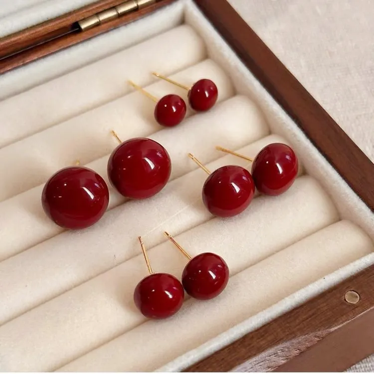 合金耳饰 925银针安可拉红馒头珠珠耳钉女复古港风高级感百搭耳环