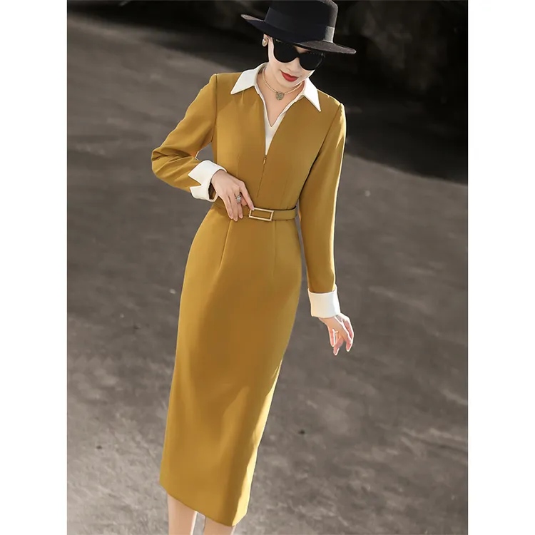 MEXCOCO/兰瑟儿春新款气质通勤衬衫领修身包臀连衣裙女104QL2262