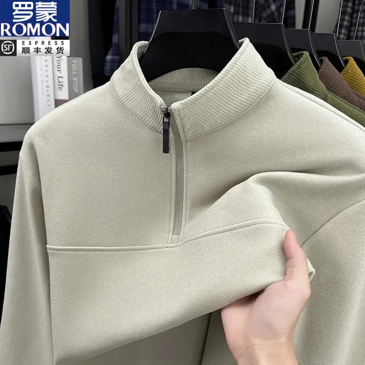 罗蒙秋冬高品质双面德绒长袖卫衣男时尚简约韩版半拉链保暖打底衫