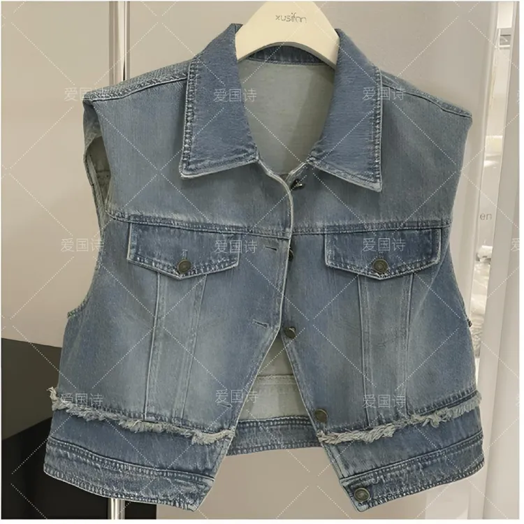 2025设计感坎肩无袖浅蓝色时尚洋气复古水洗毛边牛仔马甲5-79#