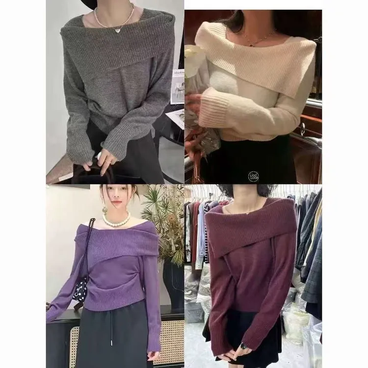 慵懒风复古毛领纯色毛衣女2025春秋款高档时尚长袖显瘦套头针织衫