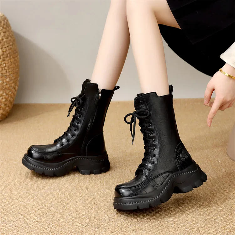 真皮厚底马丁靴女英伦2025秋冬新款洋气中筒棉靴轻便加绒保暖短靴