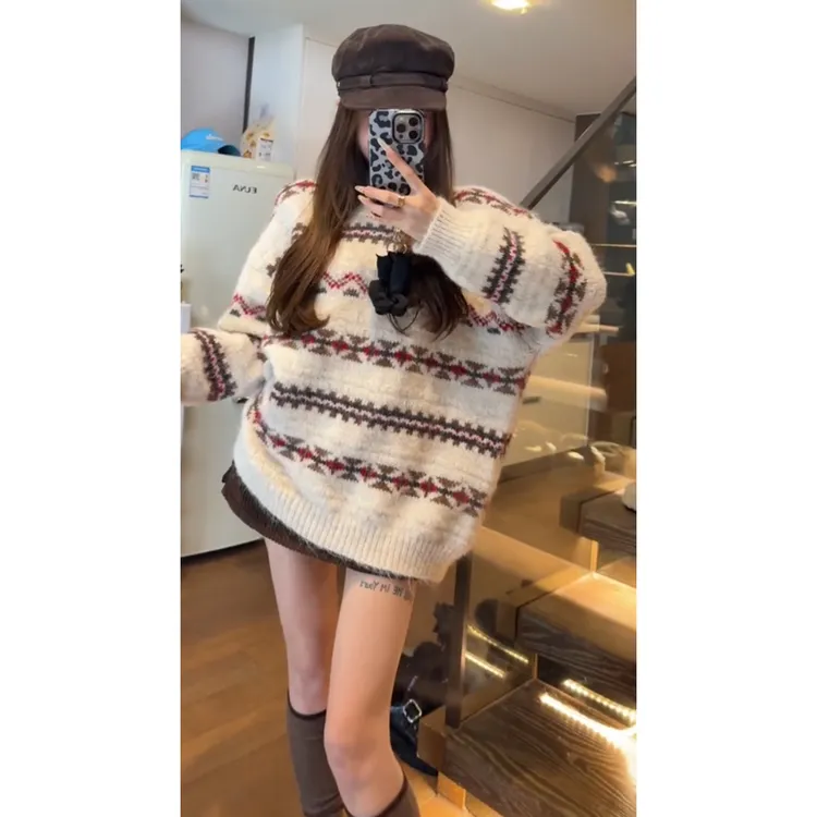 复古费尔岛套头毛衣女秋冬加厚宽松慵懒风针织衫独特漂亮早秋上衣