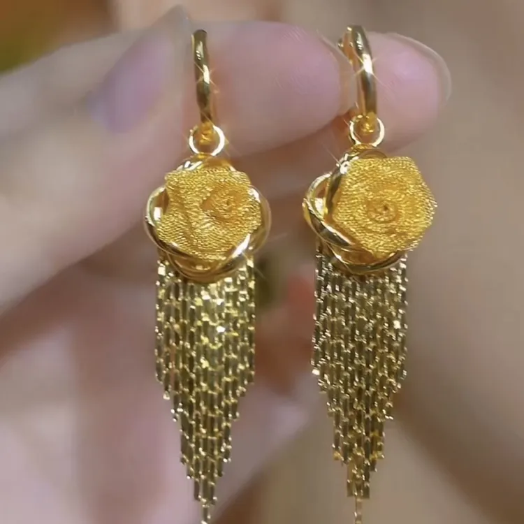 合金合成锆石耳饰 【花开富贵】手工编织玫瑰花耳扣气质流苏耳环