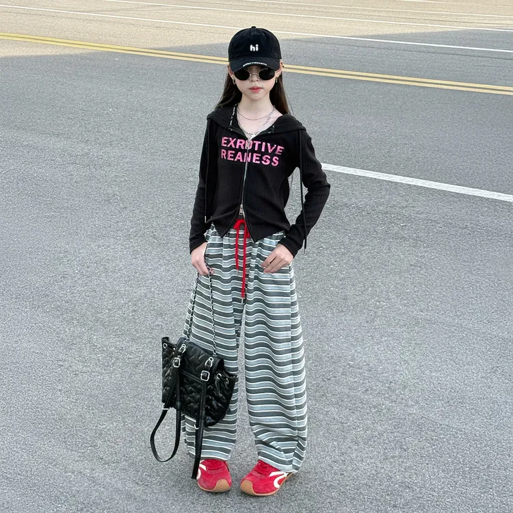 女童套装春秋款2025新款儿童洋气条纹阔腿裤运动秋装女大童两件套